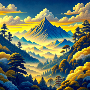 Beautiful gentle mountains and trees seamless pattern in the style of Japanese artists