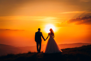 Wedding couple holding hands on sunset background.
