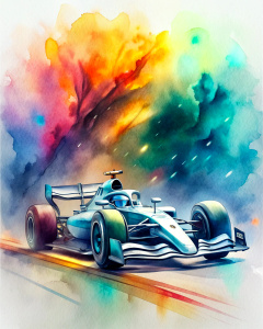 2023 mercedes formula 1 race car with color splash backround