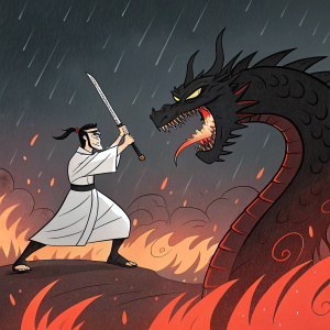 A fierce duel between Samurai Jack, in his iconic outfit, and a menacing dragon-like beast. The background is a stormy night with glowing red and orange flames, highlighting the intense battle.