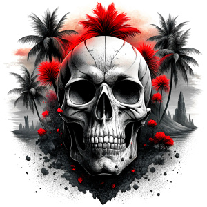 skull island tattoo design - perfect realistic art - high-definition - grey and black - white background 