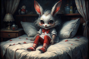manga cute monster- секси сисястая файфу-кроличьи ушки в кровати, красные чулки, at night, random emotions, white bg, eerie