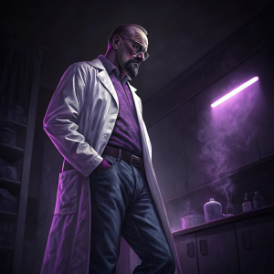 Walter White from 'Breaking Bad' in his iconic lab coat and jeans. Dark room, purple lighting