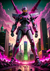 giant futuristic mecha japanese anime version in a city with blood