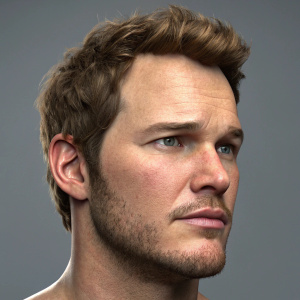 3D render of Chris Pratt. Close-up facial details. Multiple angles. Grey background.
