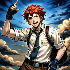 cheerful male. red hair. wraps on knuckles. school uniform. black pants. finger to the sky. belts. semirealism.