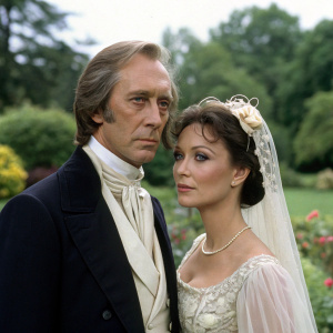 David Carradine and Lesley-Anne Down from 'North and South'. David in a dark suit and white cravat. Lesley-Anne in a traditional wedding dress with veil. Lush green garden background