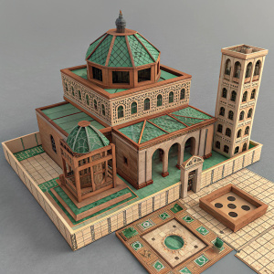 High resolution 3D digital rendering of VR Modular Kit for Hypatia. Complicated architectural design with diverse geometric shapes and structures. Predominantly brown and green with some parts featuring textured surfaces. Intricate interplay of shapes and shadows