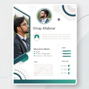 Vinay Khaibnar's professional profile. Clean layout, modern design. Includes headshot, education, skills, languages, and contact info.