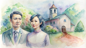 Taiwanese husband and wife, a church, two pictures presented