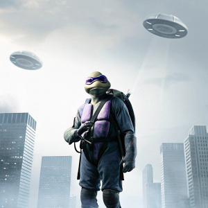 Donatello, the Teenage Mutant Ninja Turtle, dressed in purple, standing in a futuristic cityscape.