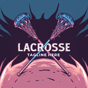 Logo design for a lacrosse brand featuring two lacrosse sticks crossing over a lacrosse ball. The word 'Lacrosse' in bold white letters with a tagline 'Tagline Here' below it. Dark navy background with green and white accents.