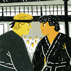 Promotional poster for Cobra Kai. Daniel LaRusso and Johnny Lawrence in intense confrontational stance. Background features karate dojo with cheering crowd