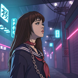 Gogo Yubari, anime character, in a futuristic cyberpunk setting. Long brown hair, school uniform, chain. Neon lights, digital art