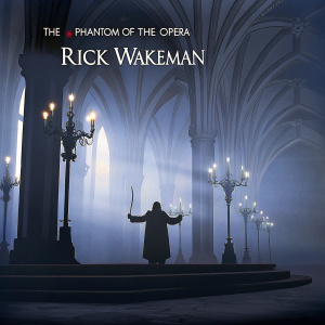 Album cover for 'The Phantom of the Opera' by Rick Wakeman. A stylized illustration of the Phantom, with dramatic pose, set against an opulent, gothic backdrop.