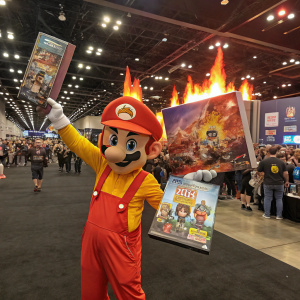 Mega fiery character posing with Super Smash Bros. merchandise. Crowded convention center backdrop