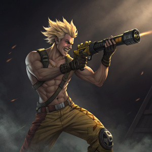 Digital illustration of a dynamic male figure inspired by the character Junkrat. Blonde spiky hair, muscular build, holding a futuristic weapon with confidence. Dark, moody background with dramatic lighting.