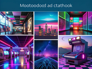 moodboard fusionne le charme rétro des jeux des années 80 et 90 avec une vision futuriste, créant une esthétique qui célèbre le passé tout en regardant vers l'avenir.
Éléments à inclure:
Couleurs: Combinaison de néons vibrants et de teintes sombres pour créer un contraste élevé, évoquant les jeux d'arcade et les visions futuristes de l'époque.
Typographie: Polices élégantes et futuristes qui s'inspirent des titres de science-fiction des années 80 et 90, tout en restant lisibles.
Imagerie: Visual