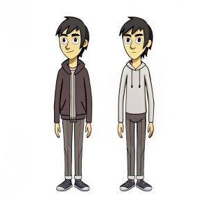 A character sheet, turnaround, and multiple poses for a male teenager named Arron. He has black hair, brown eyes, and is wearing a blue hoodie, black pants, and white shoes. He has a slightly chubby build.