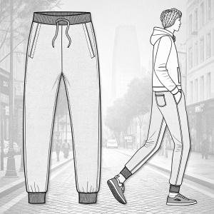 Illustration of Asta French Terry Jogger Pants. Detailed line art. Textured background with blurred cityscape