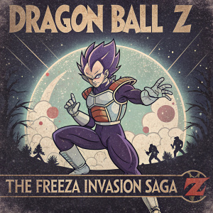 Vintage VHS style poster for Dragon Ball Z: The Freeza Invasion Saga. Dark background with aged, grungy look. Central character in dynamic pose, surrounded by a glowing orb. Captivating artwork for home video release