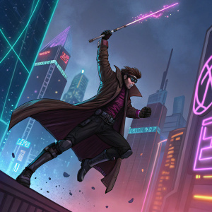 Gambit, dynamic action pose. Neon-lit cityscape background.