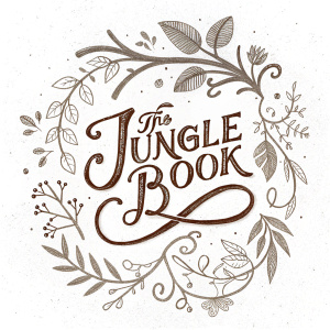 Illustration of 'The Jungle Book' logo. Hand-drawn, cursive script in brown ink, with leaves and jungle elements integrated into design. Centered on a plain white background.