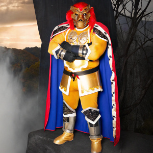 Ganondorf, a villain from the Zelda series, fierce look, intricate golden armor, flowing cape, standing alone on a misty cliff.