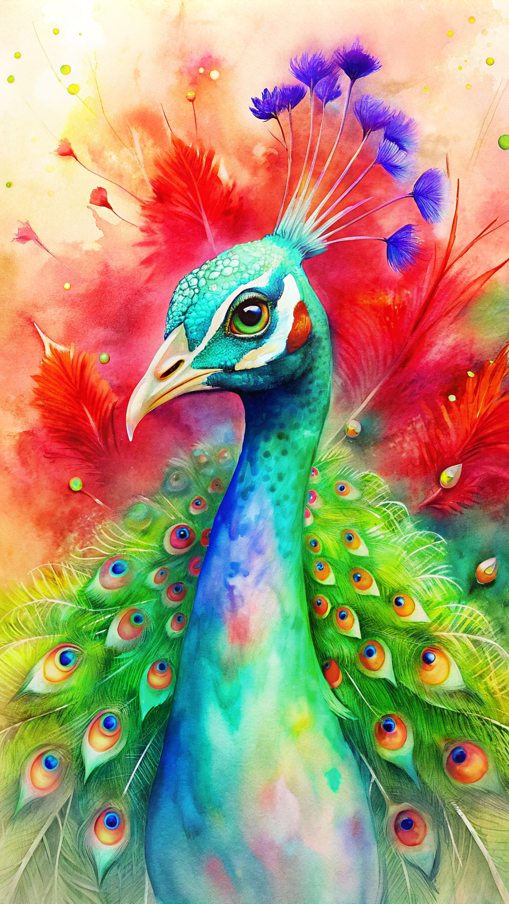 Crie uma ilustração de um pavão, com sua plumagem aberta, 1000olhos, com elementos da natureza de fundo. Em cores CMYK
