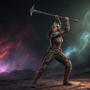 3D digital art of a fierce Klingon female warrior, wielding a bat'leth in a combat stance. Dark space background with swirling nebulae.