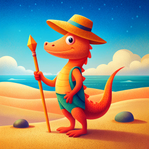 orange crocodile baton in a red hat cheal on the beach