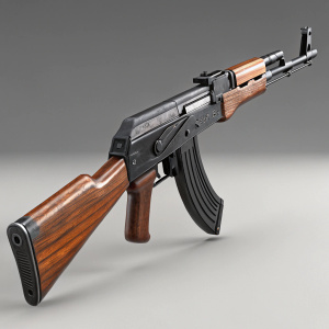 Digital 3D model of an AK-47 assault rifle. Black color with brown wooden stock. Detailed design including long barrel and magazine compartment. Neutral gray background.