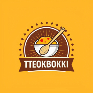 Modern logo for a Korean food brand, Tteokbokki. Vibrant yellow background with a bold, contrasting color scheme. Abstract illustration of a wooden cooking spoon in white. Text 'Tteokbokki' in bold, sans-serif font.