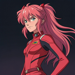 A digital illustration of Asuka Langley from Neon Genesis Evangelion, featuring her vibrant pink hair and assertive stance. The scene is set against a dark background, highlighting her figure and the contrast of her skin tone.
