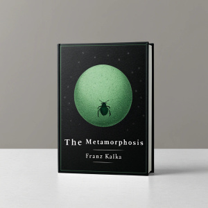 Book cover of 'The Metamorphosis' by Franz Kafka. A stark black background with a prominent large green sphere in the center. Text in foreign language artfully placed at the bottom.