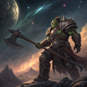 Kilrogg Deadeye, an orc warrior from the World of Warcraft, illustrated against a cosmic backdrop. Detailed textures and dramatic lighting