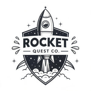 Logo for Rocket Quest Co. - A black and white stylized rocket ship icon with bold lines and playful design elements.