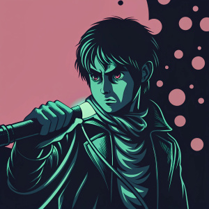 Eren Yeager from Attack on Titan. Dark hair, red eyes, standing with a serious expression. Hand gripping a glowing device. Vibrant pink background with polka dots. Digital art.