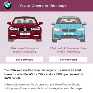 Homepage for BMW, featuring the M450i and X5. Red and blue cars on either side. Emphasizes luxury, performance, and advanced technology. Webpage is in English with a minimalist, modern design. BMW logo prominently displayed.