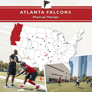 Atlanta Falcons Physical Therapy guide featuring various centers across the city. Detailed map showing locations. Professional athletes performing exercises. Bright red and white color scheme. Addresses and contact information listed.