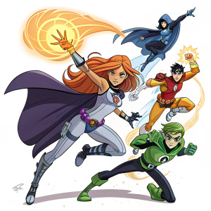 Illustration of Teen Titans. Starfire with long orange hair, Raven in black cloak, Cyborg with metallic body parts, Robin in blue with R emblem, Beast Boy in green. All in action poses.