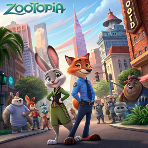 Poster for Zootopia featuring Judy Hopps and Nick Wilde in a vibrant cityscape.