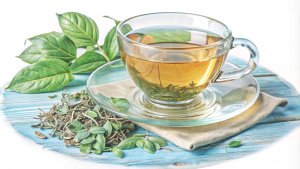 A clear glass teacup filled with dark amber tea, garnished with two bright green tea leaves, sits on a black wooden surface. Loose dry tea leaves are scattered around the cup.