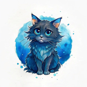 gato angora azul oscuro con ojos azul claro triste con una mancha de acuarela azul detras del gato
