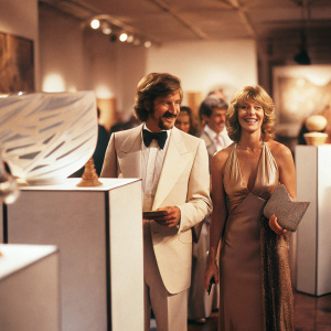 Steven Spielberg and Kate Capshaw, dressed in elegant attire, smiling at an art gallery opening.