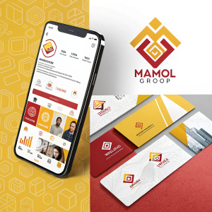 Mamol Group promotional materials. Social media app interface on smartphone, business cards with yellow, red and neutral colors. Instagram feed style graphics featuring logo with modern geometric design.