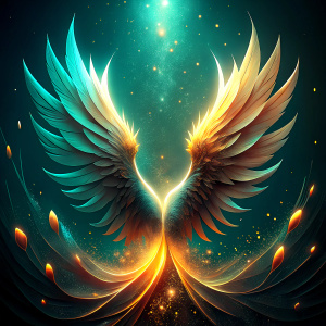 One Angel wing, wings falling down, divine sparkle, threads of light, golden and turquoise colours, clean background, minimalist, 