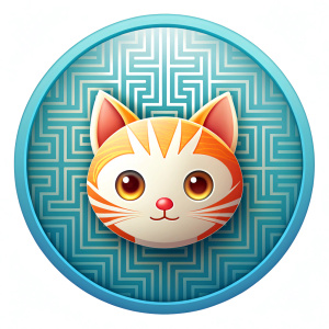 cute cat head with maze illustration, transparent background, round button