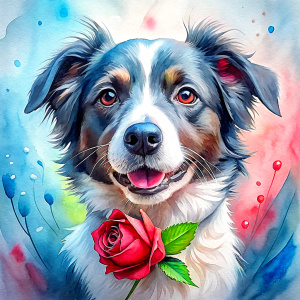 Cute Border Collie puppy with  red rose, Valentine's theme, smile funny and happily  The picture is a watercolor pattern with a white background.