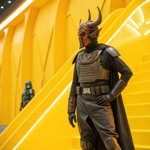Sebulba, a character from Star Wars, animated design. Vibrant yellow backdrop.